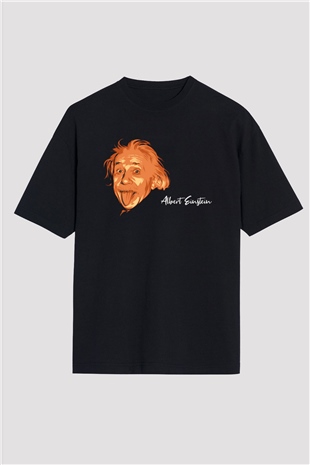 Dil Çıkaran Albert Einstein Baskılı Unisex Siyah Oversize Tişört