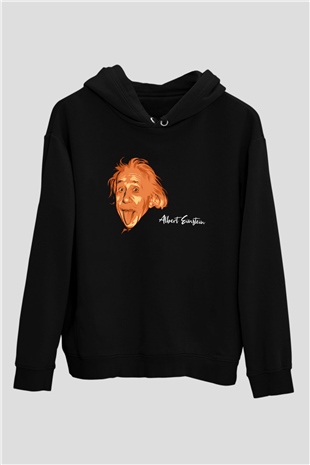 Dil Çıkaran Albert Einstein Baskılı Unisex Siyah Hoodie