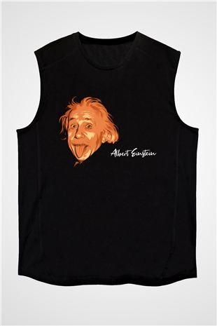 Dil Çıkaran Albert Einstein Baskılı Unisex Siyah Kolsuz Tişört
