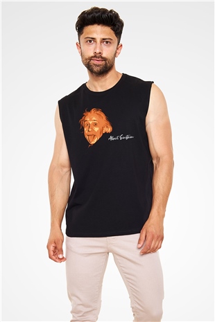 Dil Çıkaran Albert Einstein Baskılı Unisex Siyah Kolsuz Tişört