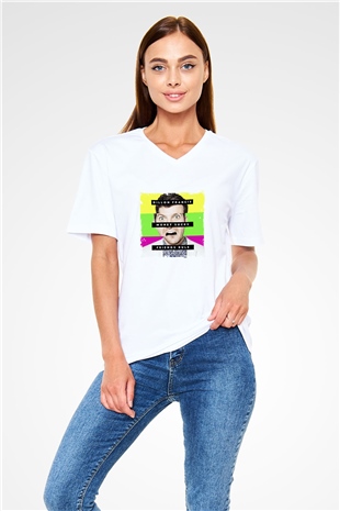 Dillon Francis Baskılı Beyaz V Yaka Unisex Tişört