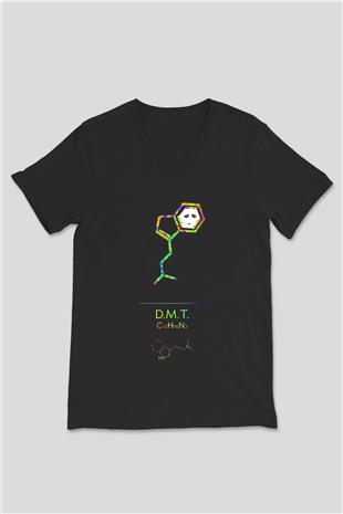 Dimetiltriptamin Molekülü Baskılı Unisex V Yaka Siyah Tİşört - Tshirt