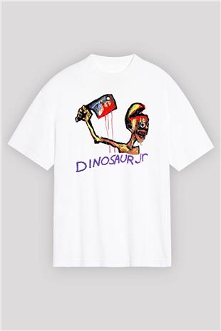 Dinosaur Jr Baskılı Beyaz Unisex Oversize Tişört - Tshirt