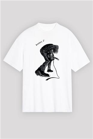 Dinosaur Jr Baskılı Beyaz Unisex Oversize Tişört - Tshirt