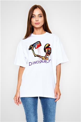 Dinosaur Jr Baskılı Beyaz Unisex Oversize Tişört - Tshirt