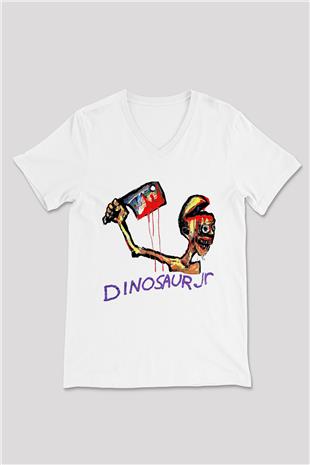 Dinosaur Jr Baskılı Beyaz Unisex V Yaka Tişört - Tshirt