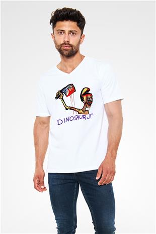 Dinosaur Jr Baskılı Beyaz Unisex V Yaka Tişört - Tshirt