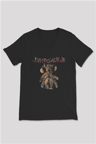 Dinosaur Jr Baskılı Unisex Siyah V Yaka Tişört - Tshirt