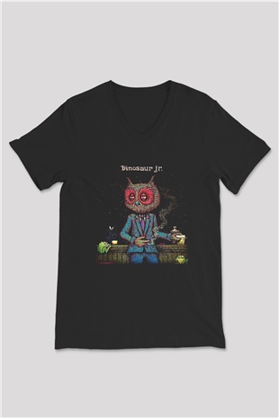Dinosaur Jr Baskılı Unisex Siyah V Yaka Tişört - Tshirt