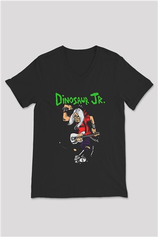Dinosaur Jr Baskılı Unisex Siyah V Yaka Tişört - Tshirt