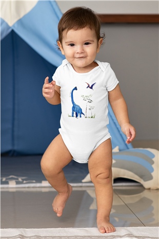 Dinozor Baskılı Beyaz Unisex Bebek Body - Zıbın