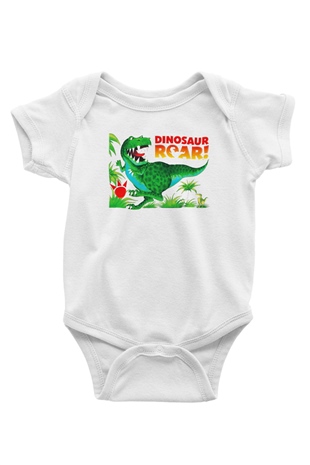 Dinozor Baskılı Beyaz Unisex Bebek Body - Zıbın