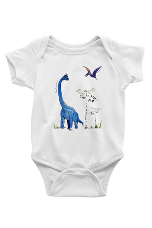 Dinozor Baskılı Beyaz Unisex Bebek Body - Zıbın