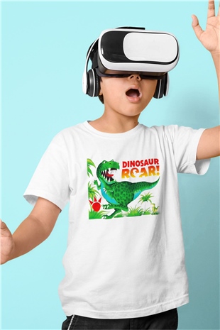 Dinozor Baskılı Beyaz Unisex Çocuk Tişört