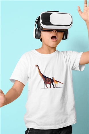 Dinozor Baskılı Beyaz Unisex Çocuk Tişört