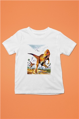 Dinozor Baskılı Beyaz Unisex Çocuk Tişört