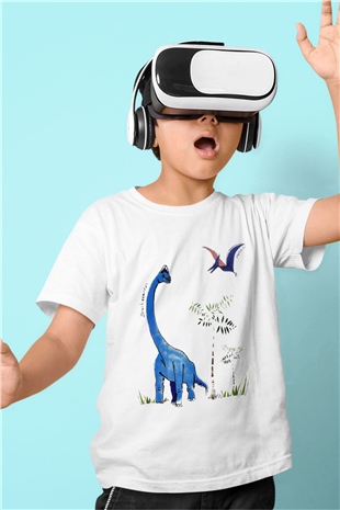 Dinozor Baskılı Beyaz Unisex Çocuk Tişört