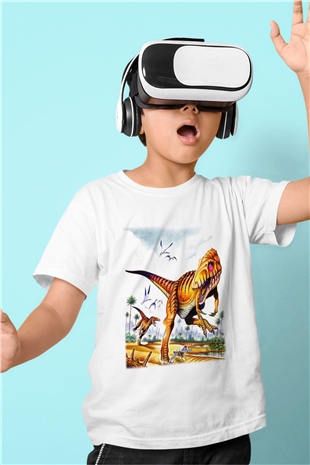 Dinozor Baskılı Beyaz Unisex Çocuk Tişört