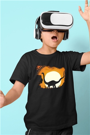Dinozor Baskılı Siyah Unisex Çocuk Tişört