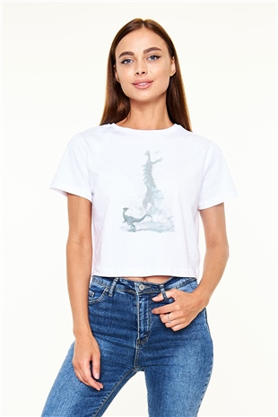 Dinozor Beyaz  Crop Top Tişört
