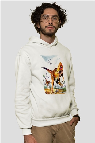 Dinozor Beyaz Unisex Kapşonlu Sweatshirt
