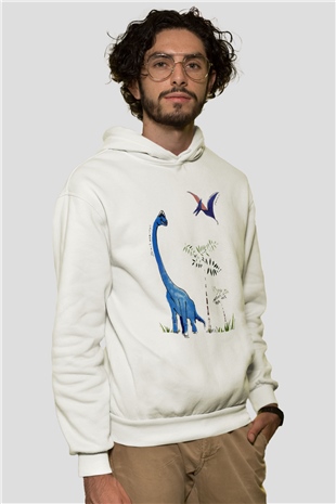 Dinozor Beyaz Unisex Kapşonlu Sweatshirt