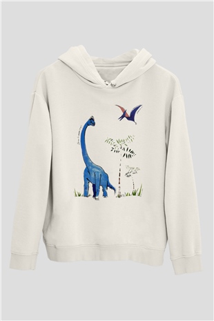 Dinozor Beyaz Unisex Kapşonlu Sweatshirt
