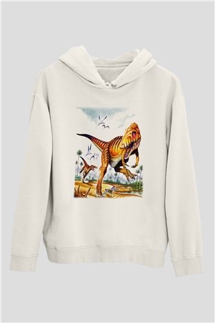 Dinozor Beyaz Unisex Kapşonlu Sweatshirt