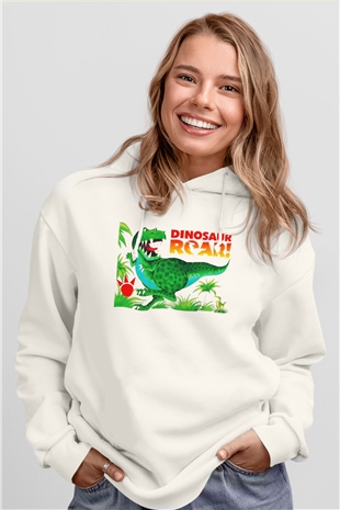 Dinozor Beyaz Unisex Kapşonlu Sweatshirt