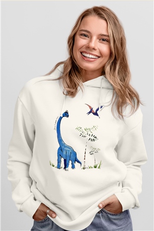 Dinozor Beyaz Unisex Kapşonlu Sweatshirt