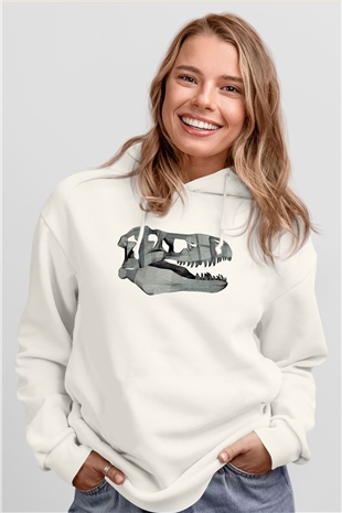 Dinozor Beyaz Unisex Kapüşonlu Sweatshirt