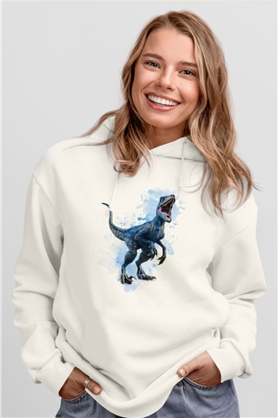 Dinozor Beyaz Unisex Kapüşonlu Sweatshirt