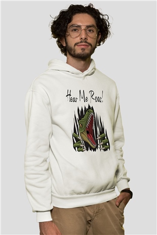Dinozor Beyaz Unisex Kapüşonlu Sweatshirt
