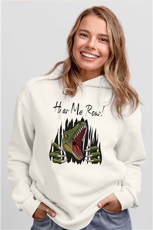 Dinozor Beyaz Unisex Kapüşonlu Sweatshirt