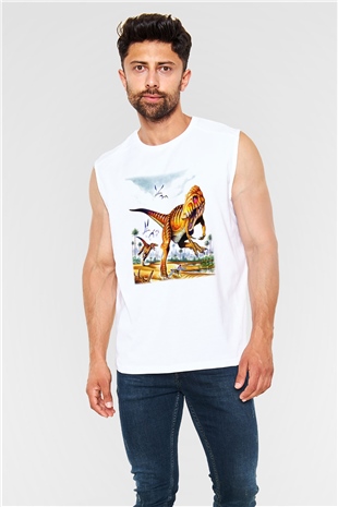Dinozor Beyaz Unisex Kolsuz Tişört