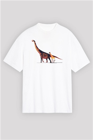 Dinozor Beyaz Unisex Oversize Tişört T-Shirt