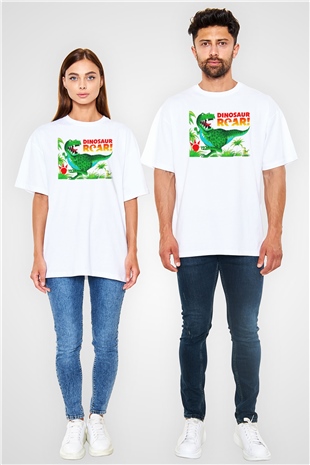 Dinozor Beyaz Unisex Oversize Tişört T-Shirt