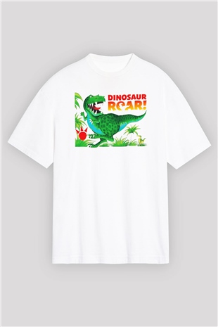 Dinozor Beyaz Unisex Oversize Tişört T-Shirt