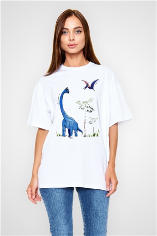 Dinozor Beyaz Unisex Oversize Tişört T-Shirt