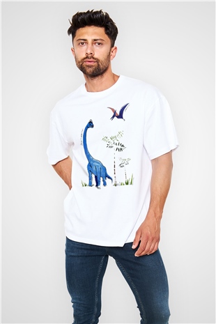 Dinozor Beyaz Unisex Oversize Tişört T-Shirt