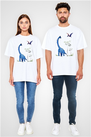 Dinozor Beyaz Unisex Oversize Tişört T-Shirt