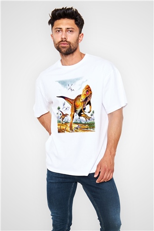 Dinozor Beyaz Unisex Oversize Tişört T-Shirt