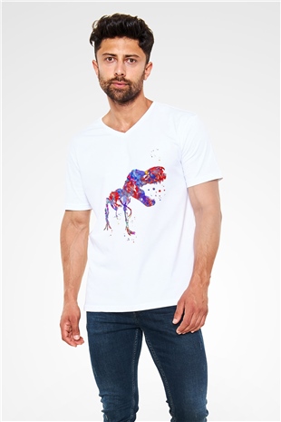 Dinozor Beyaz Unisex V Yaka Tişört