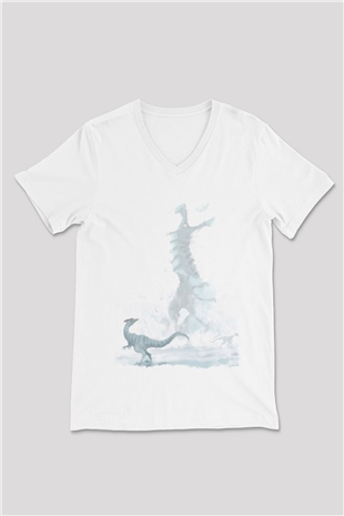 Dinozor Beyaz Unisex V Yaka Tişört