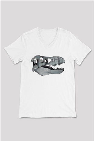 Dinozor Beyaz Unisex V Yaka Tişört