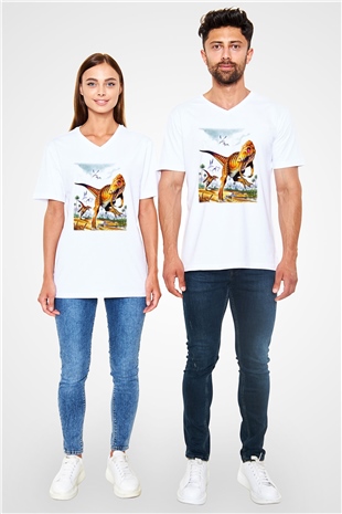 Dinozor Beyaz Unisex V Yaka Tişört T-Shirt