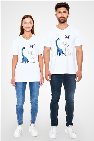 Dinozor Beyaz Unisex V Yaka Tişört T-Shirt