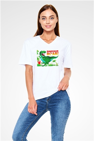 Dinozor Beyaz Unisex V Yaka Tişört T-Shirt