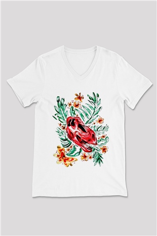 Dinozor Beyaz Unisex V Yaka Tişört T-Shirt