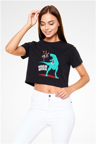Dinozor Siyah Crop Top Tişört